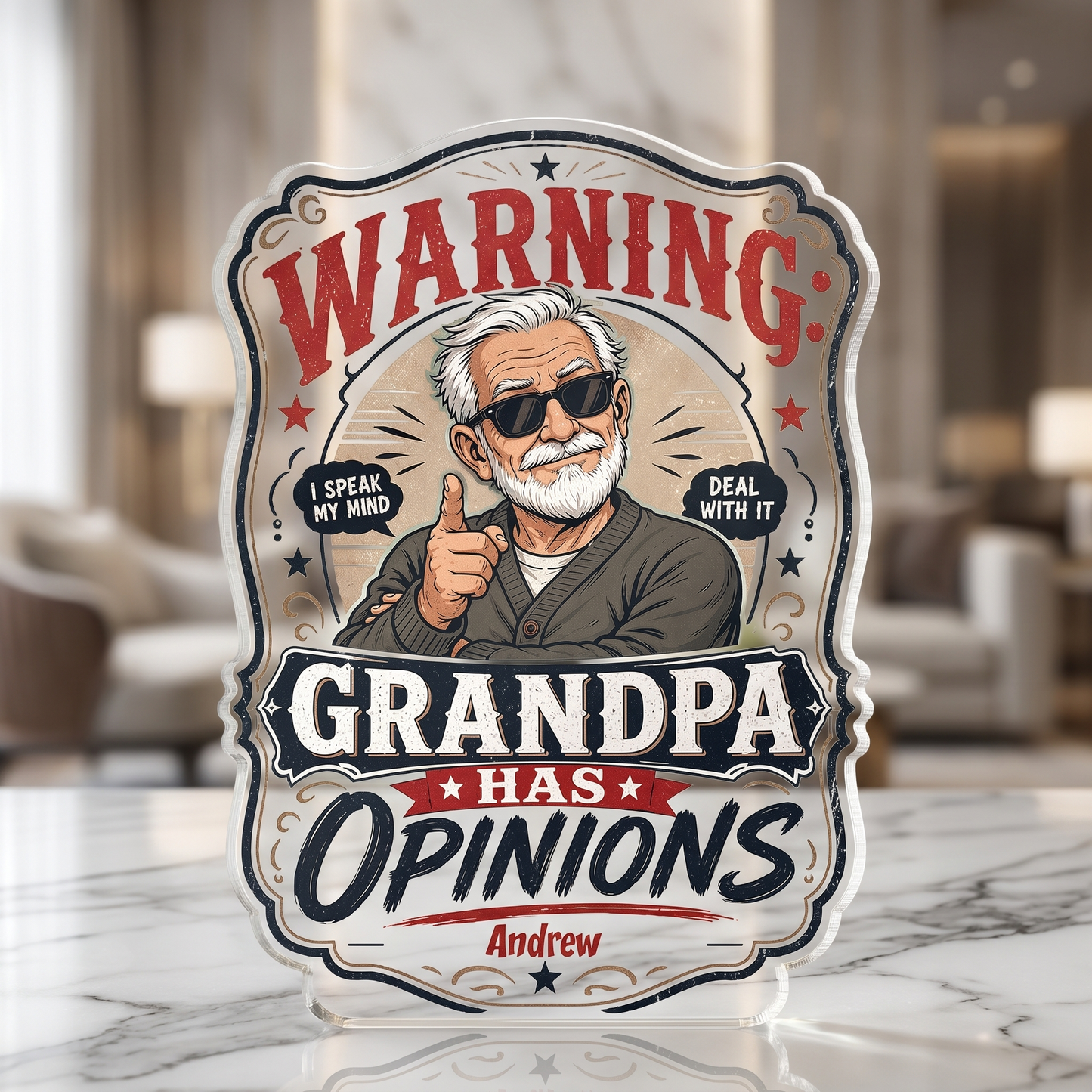 Warning Grandpa Has Opinions Acrylic Plaque – Personalized Photo Gift for Grandpa