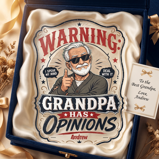 Warning Grandpa Has Opinions Acrylic Plaque - Personalized Photo Gift for Grandpa