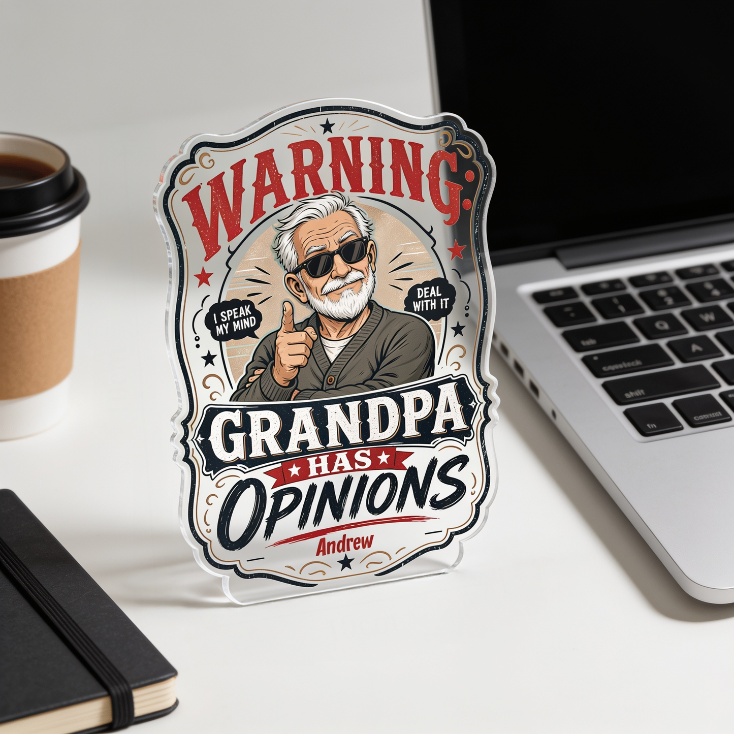 Warning Grandpa Has Opinions Acrylic Plaque – Personalized Photo Gift for Grandpa