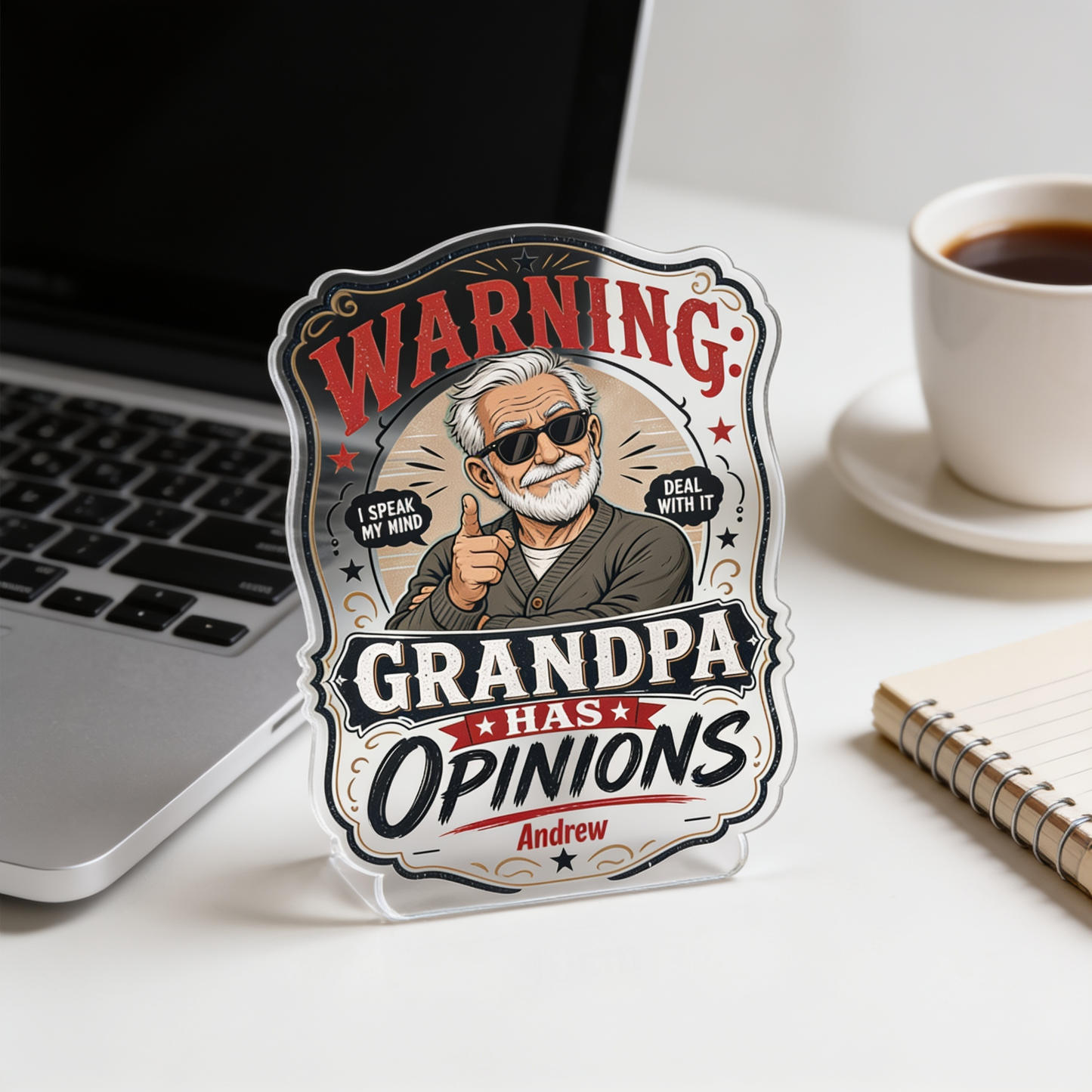 Warning Grandpa Has Opinions Acrylic Plaque – Personalized Photo Gift for Grandpa