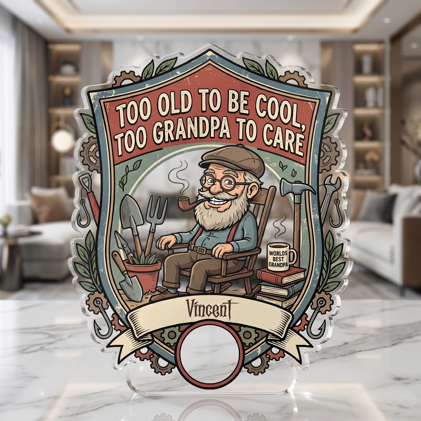 Too Old To Be Cool Too Grandpa To Care Acrylic Plaque – Personalized Photo Gift for Grandpa