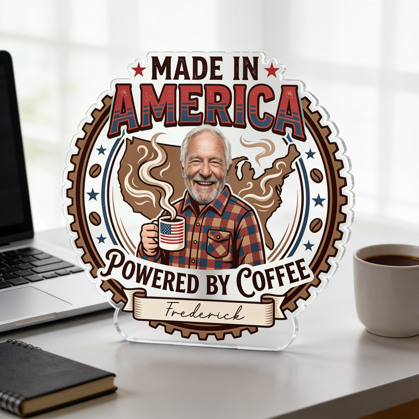 Made In America Powered By Coffee Acrylic Plaque – Personalized Photo Gift for Grandpa