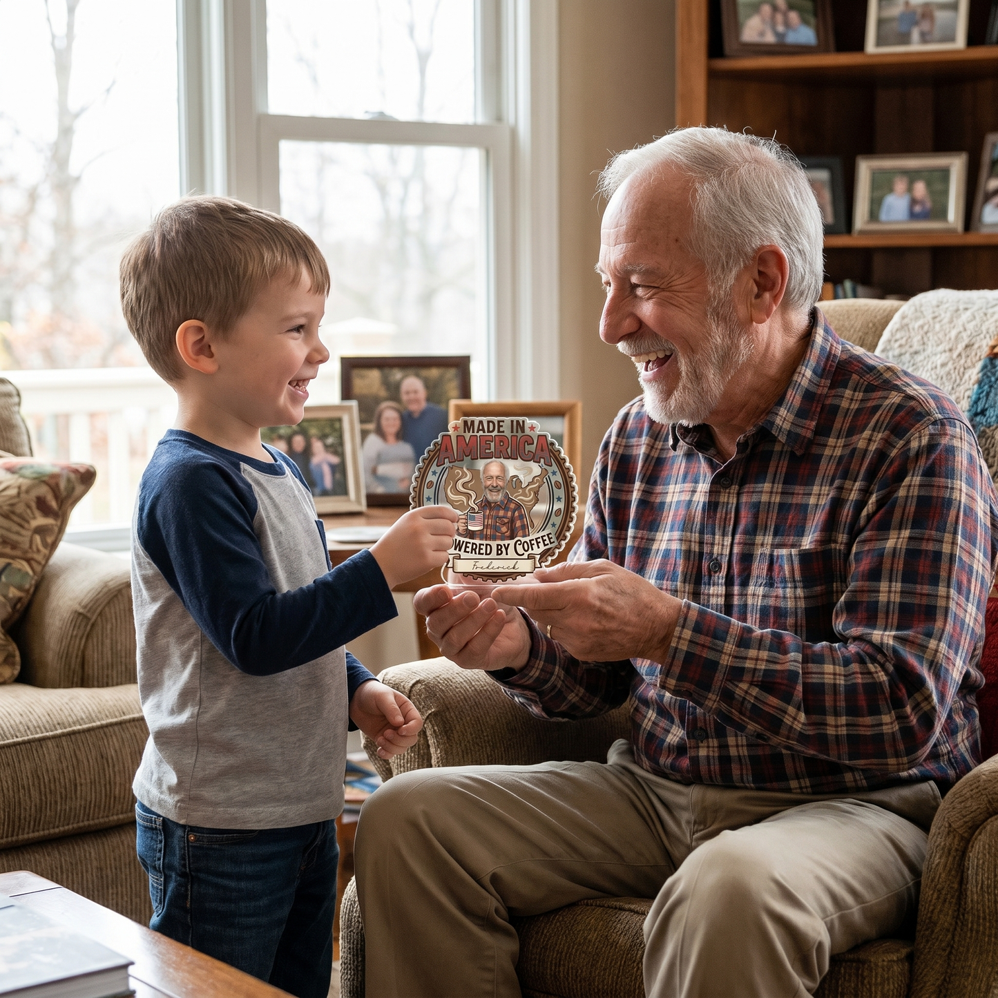 Made In America Powered By Coffee Acrylic Plaque – Personalized Photo Gift for Grandpa