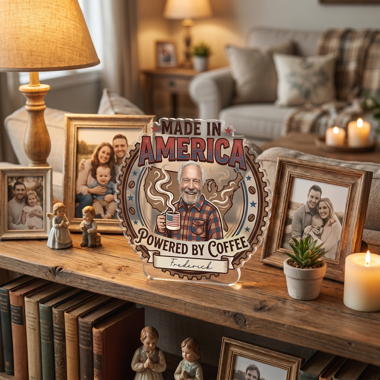 Made In America Powered By Coffee Acrylic Plaque – Personalized Photo Gift for Grandpa