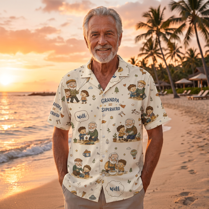 Grandpa Super Hero Custom Name Hawaiian Shirt – Personalized Tropical Gift for Grandpa