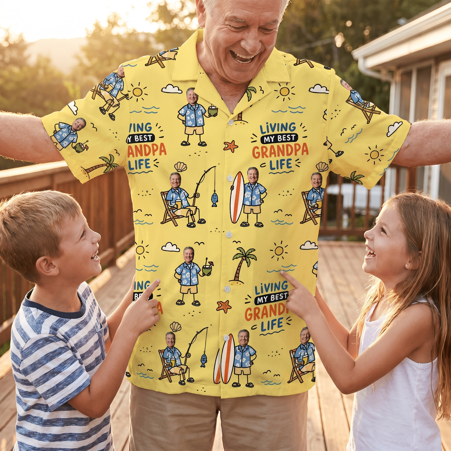 Living My Best Grandpa Life Custom Photo Hawaiian Shirt – Personalized Father's Day Gift for Grandpa | Tropical Fishing Vacation Shirt