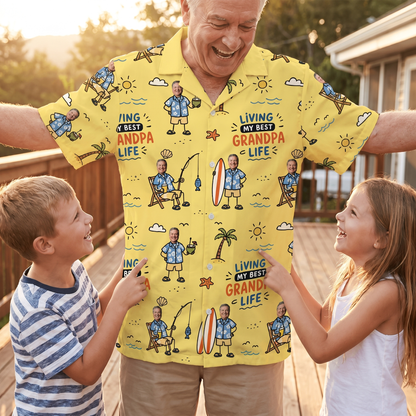 Living My Best Grandpa Life Custom Photo Hawaiian Shirt – Personalized Father's Day Gift for Grandpa | Tropical Fishing Vacation Shirt