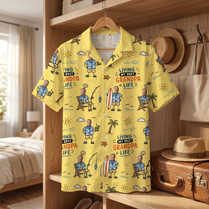 Living My Best Grandpa Life Custom Photo Hawaiian Shirt – Personalized Father's Day Gift for Grandpa | Tropical Fishing Vacation Shirt