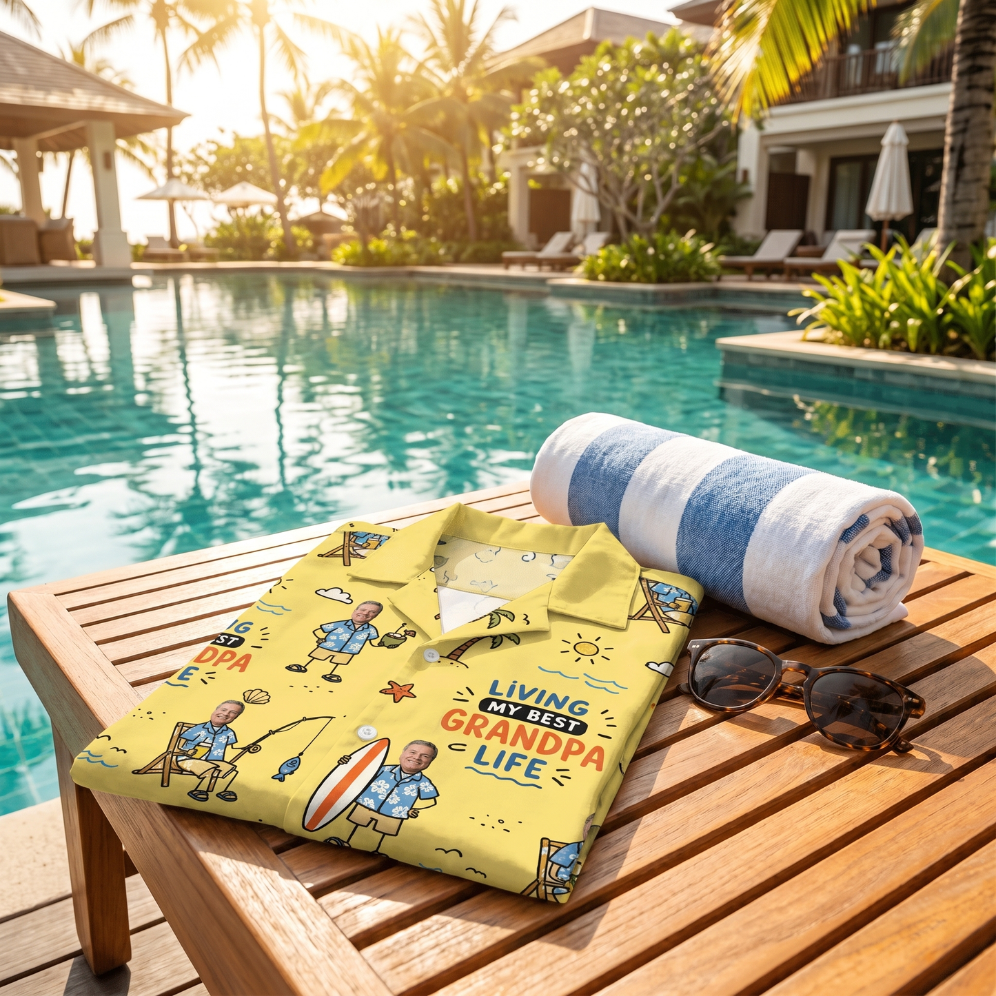 Living My Best Grandpa Life Custom Photo Hawaiian Shirt – Personalized Father's Day Gift for Grandpa | Tropical Fishing Vacation Shirt