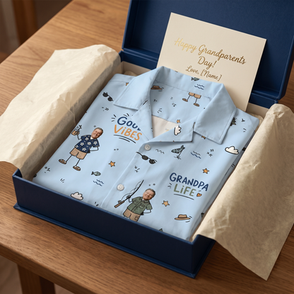 Good Vibes Grandpa Custom Photo Hawaiian Shirt – Personalized Father's Day Gift for Grandpa | Tropical Fishing & Vacation Shirt