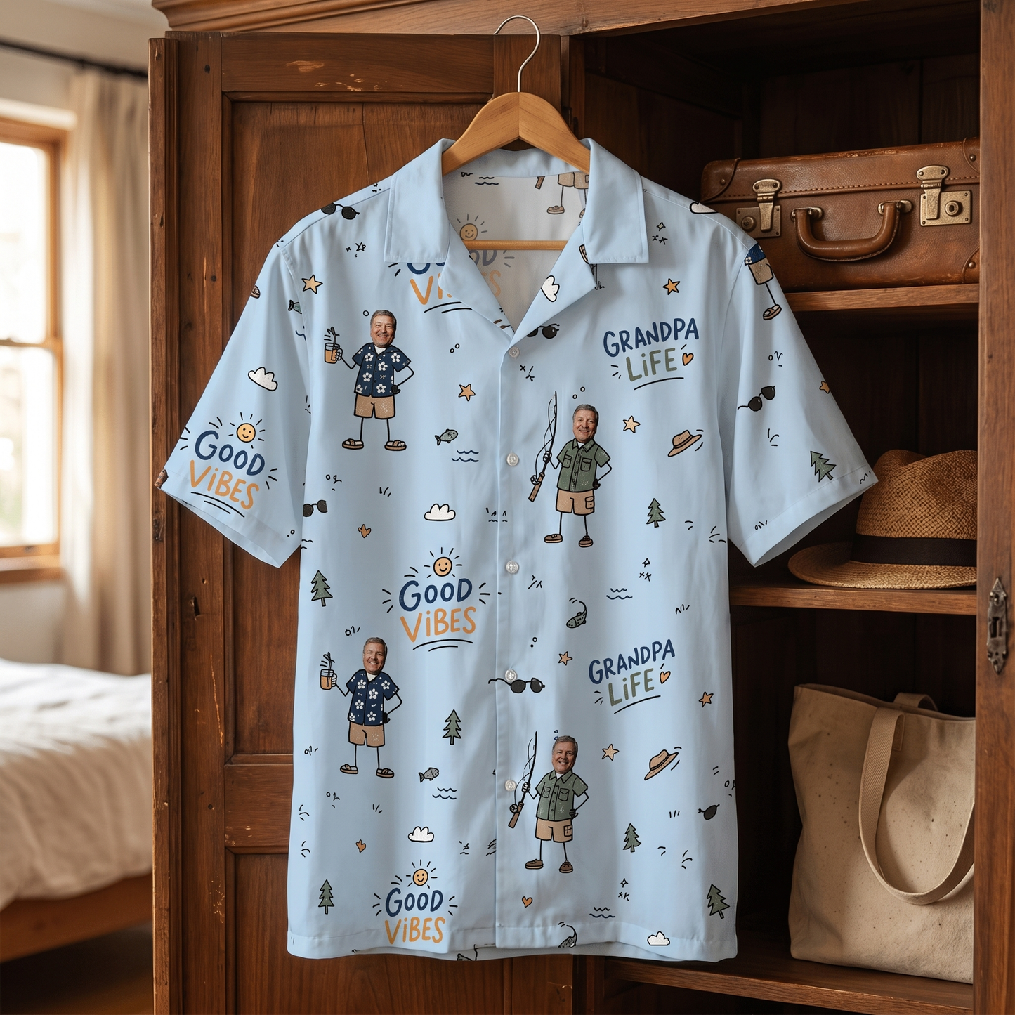 Good Vibes Grandpa Custom Photo Hawaiian Shirt – Personalized Father's Day Gift for Grandpa | Tropical Fishing & Vacation Shirt