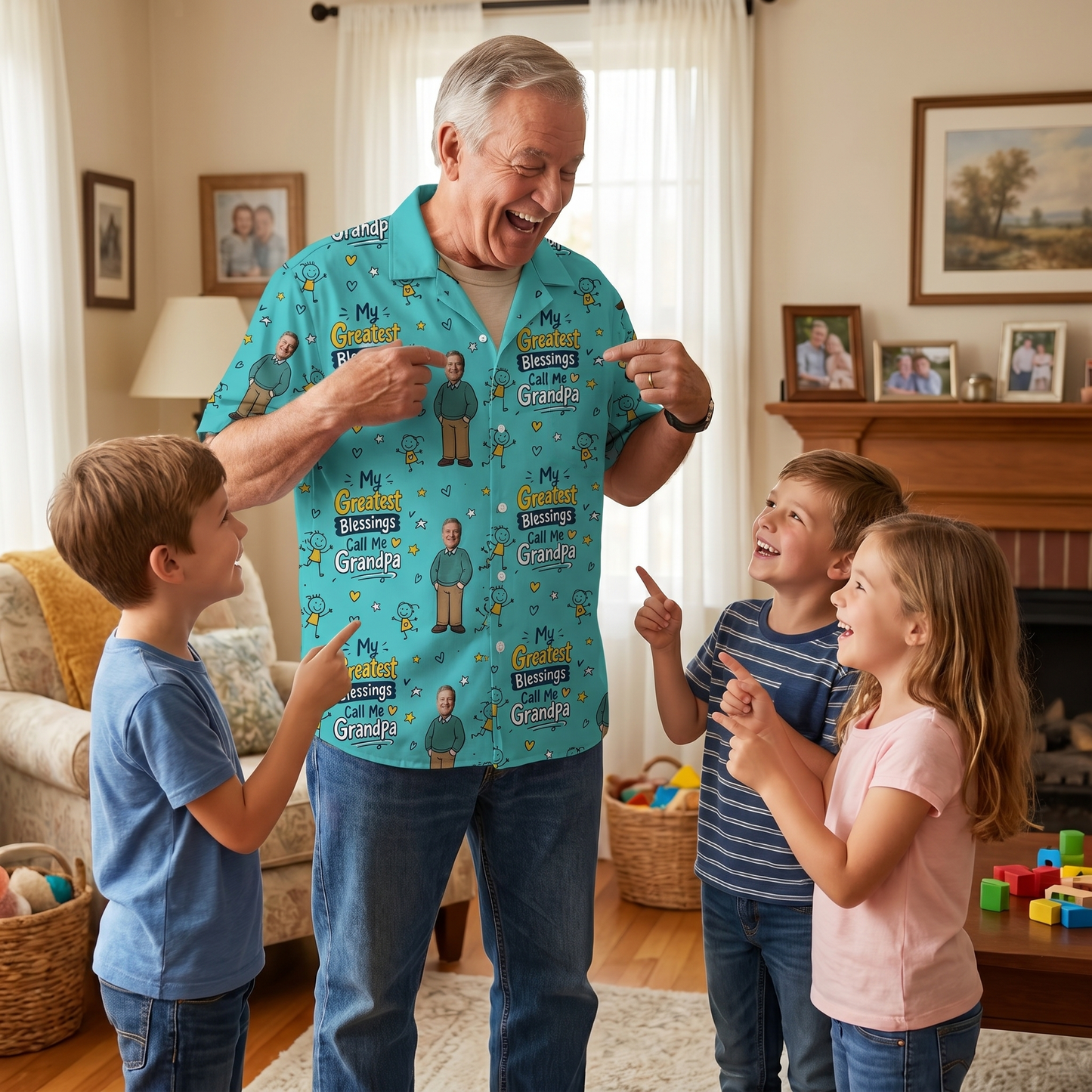 My Greatest Blessings Call Me Grandpa Custom Photo Hawaiian Shirt – Personalized Father's Day Gift for Grandpa | Tropical Family Vacation Shirt
