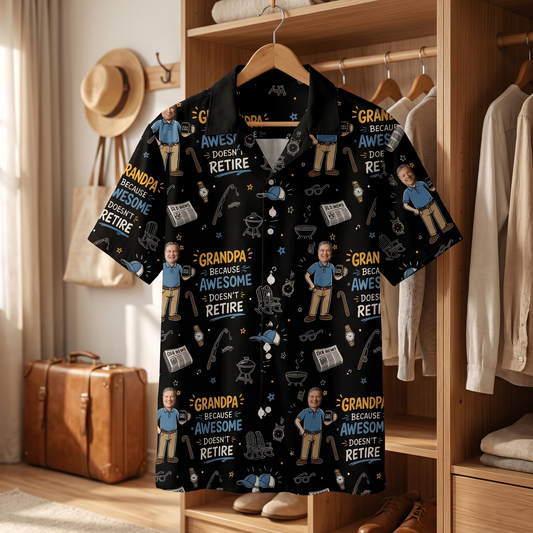 Grandpa Because Awesome Doesn't Retire Custom Photo Hawaiian Shirt – Personalized Father's Day Gift for Grandpa