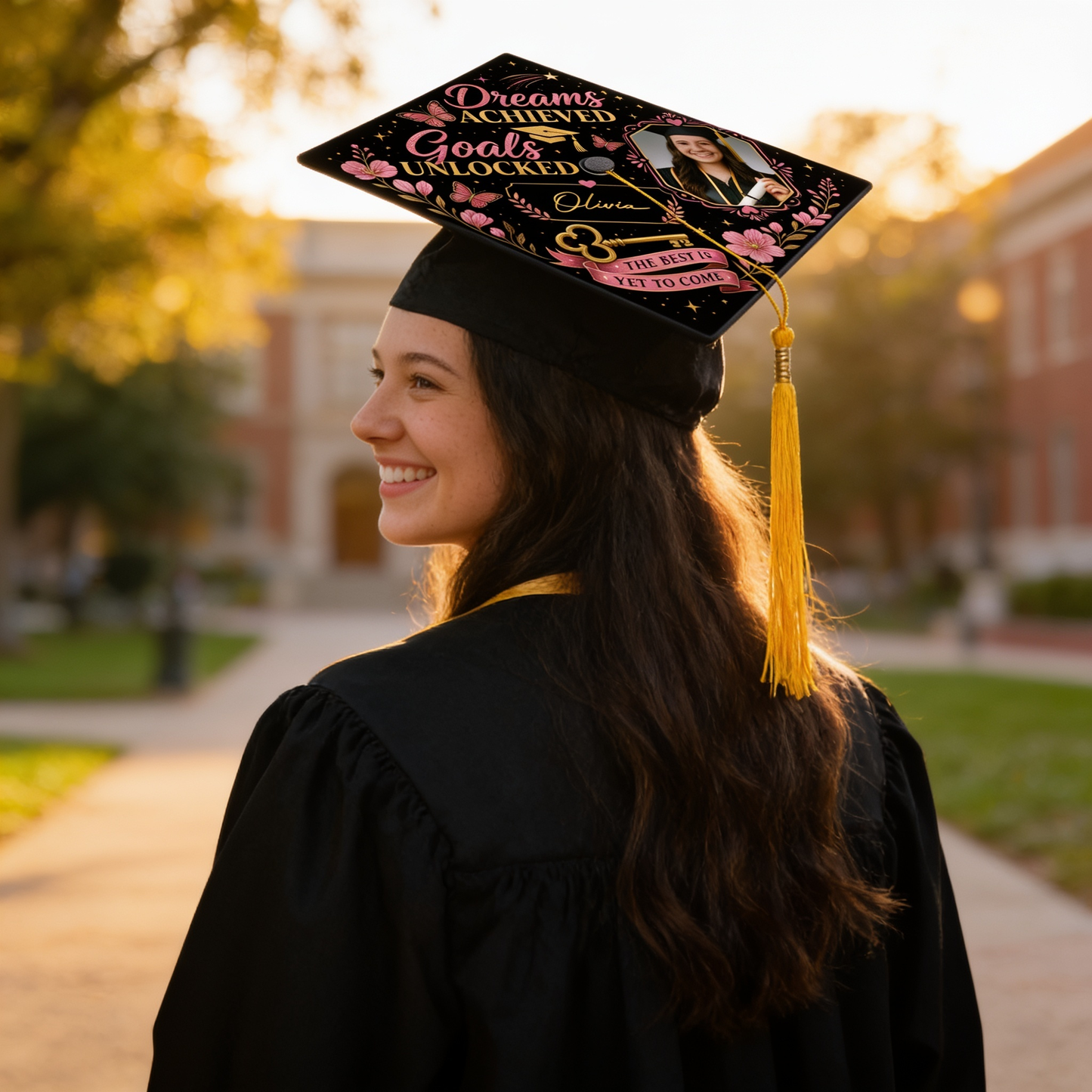 Personalized Dream Achieved Goals Unlocked Photo Graduation Cap Topper