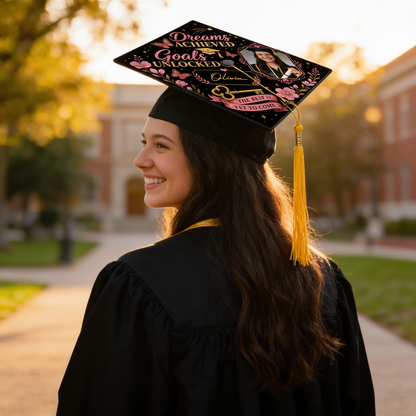 Personalized Dream Achieved Goals Unlocked Photo Graduation Cap Topper