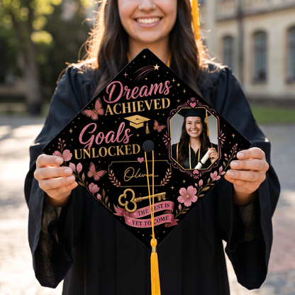 Personalized Dream Achieved Goals Unlocked Photo Graduation Cap Topper