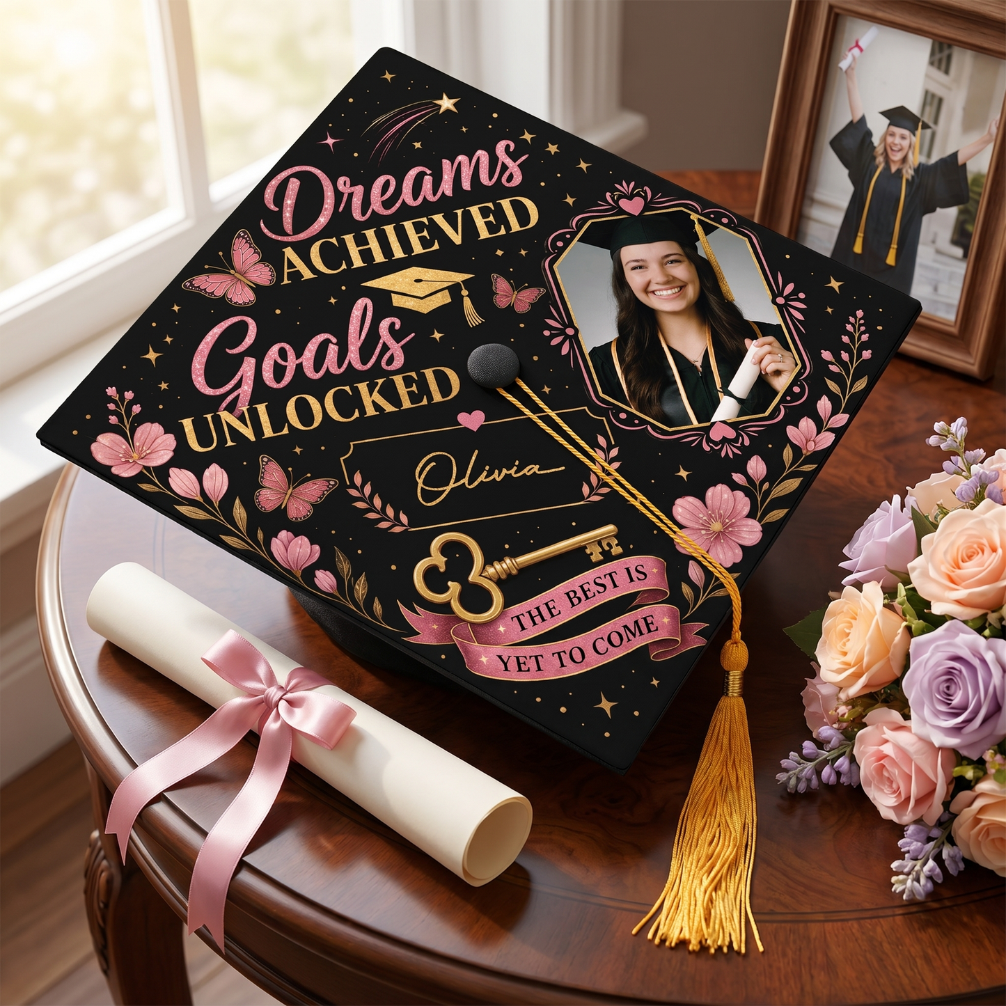 Personalized Dream Achieved Goals Unlocked Photo Graduation Cap Topper