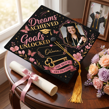 Personalized Dream Achieved Goals Unlocked Photo Graduation Cap Topper