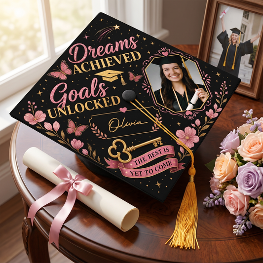 Personalized Dream Achieved Goals Unlocked Photo Graduation Cap Topper