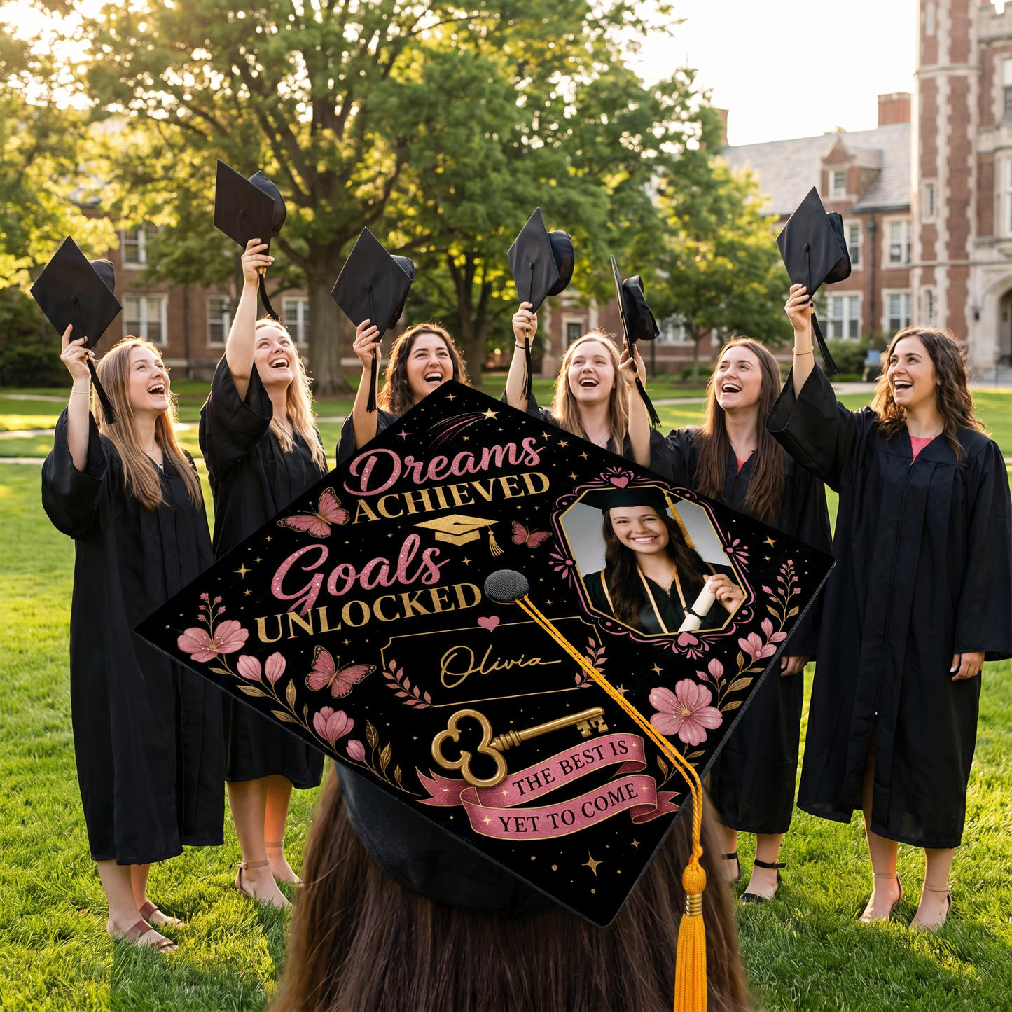 Personalized Dream Achieved Goals Unlocked Photo Graduation Cap Topper