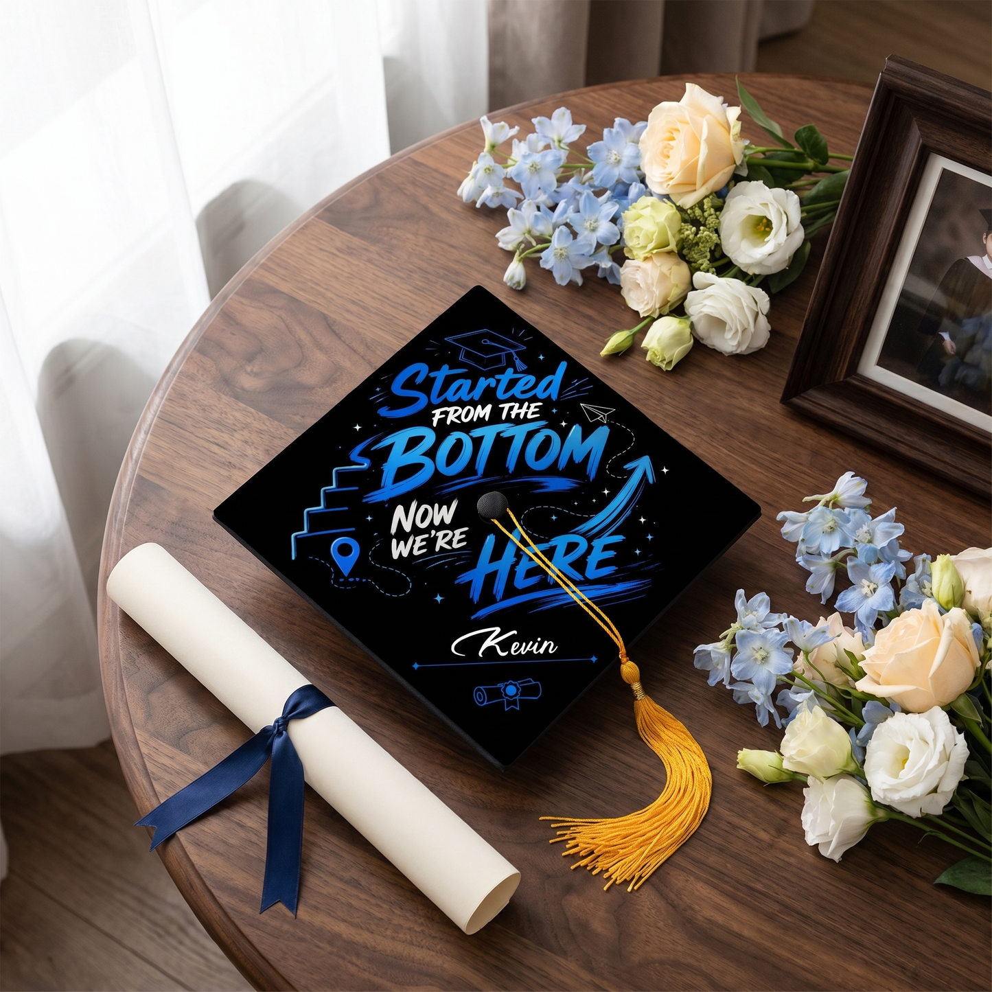 Personalized Started From The Bottom Now We're Here Graduation Cap Topper