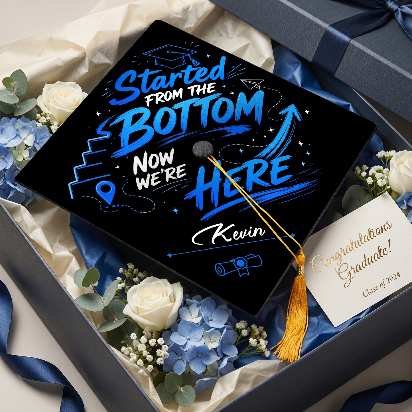 Personalized Started From The Bottom Now We're Here Graduation Cap Topper