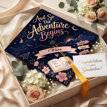 Personalized And So The Adventure Begins Graduation Cap Topper