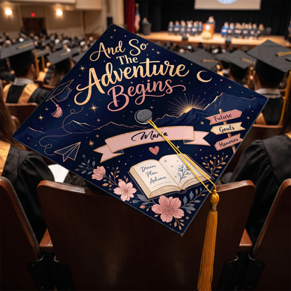 Personalized And So The Adventure Begins Graduation Cap Topper