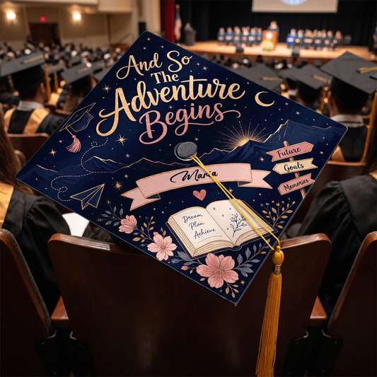 Personalized And So The Adventure Begins Graduation Cap Topper