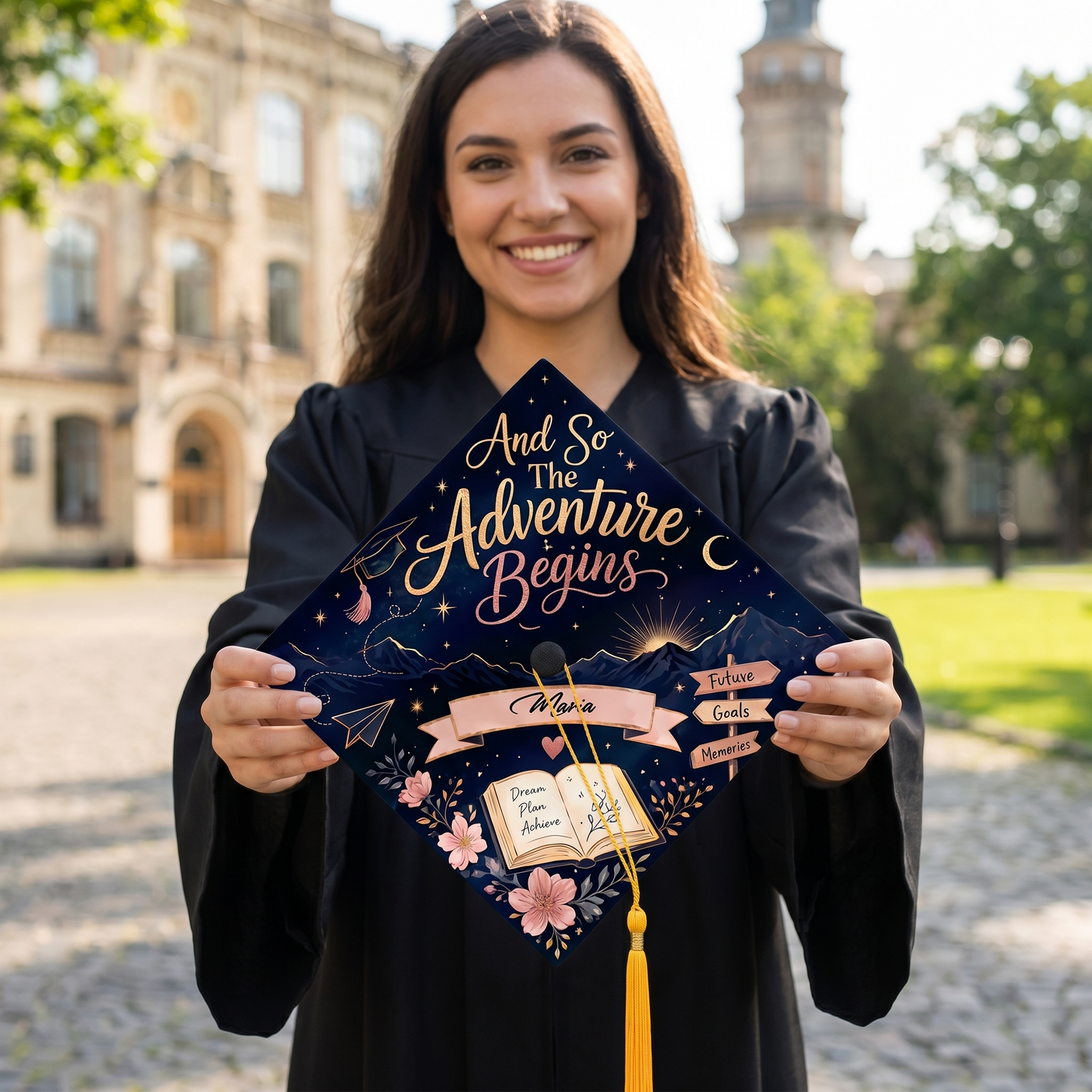 Personalized And So The Adventure Begins Graduation Cap Topper