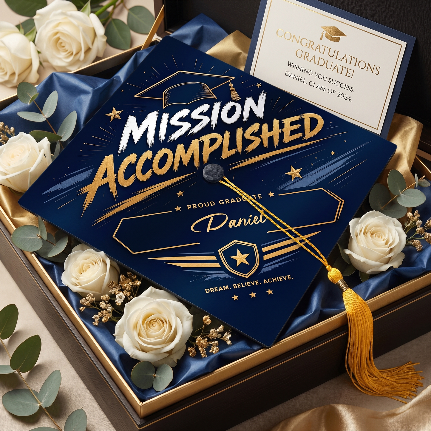 Personalized Mission Accomplished Name Graduation Cap Topper