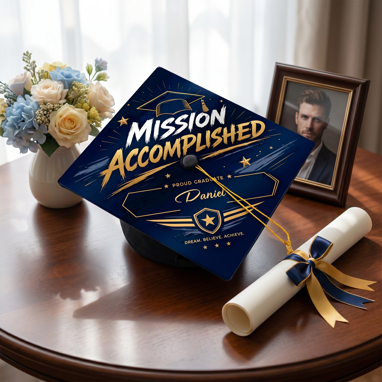 Personalized Mission Accomplished Name Graduation Cap Topper