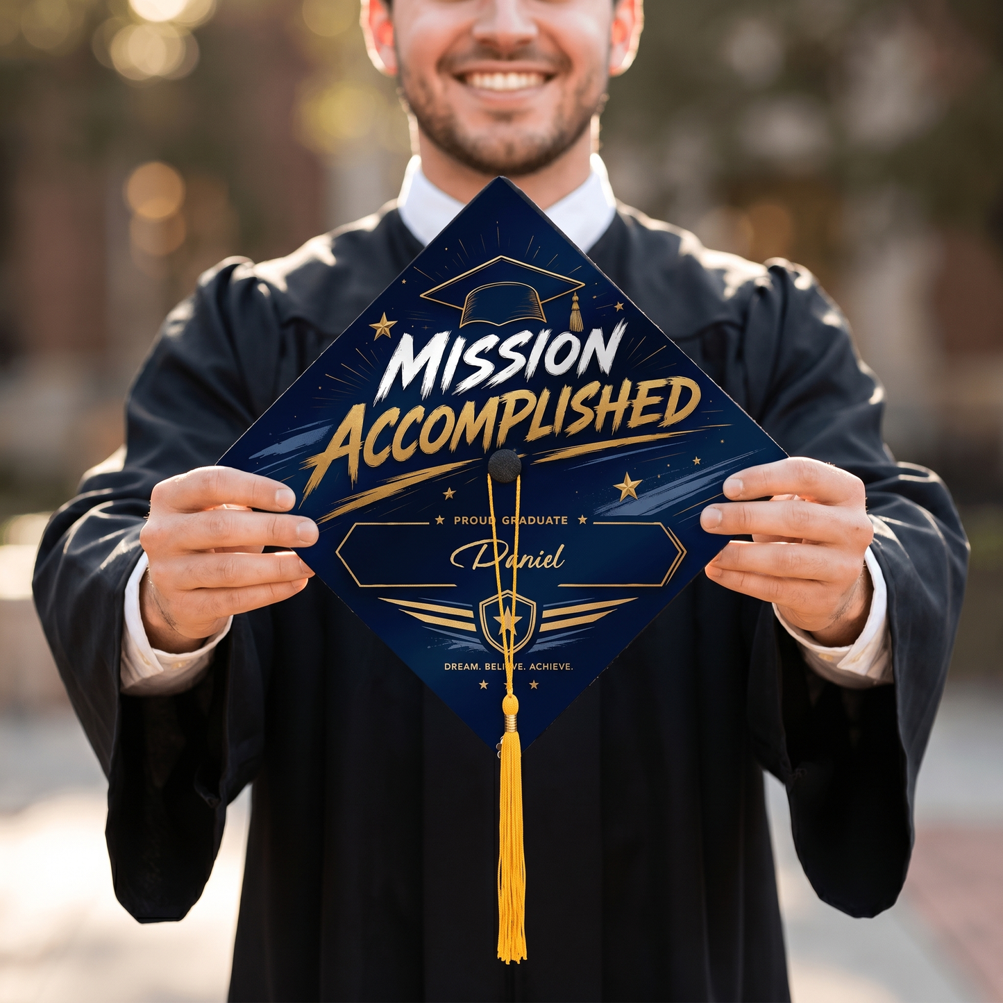 Personalized Mission Accomplished Name Graduation Cap Topper