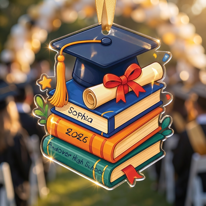 Personalized Graduation Cap and Book Name and Year Acrylic Ornament