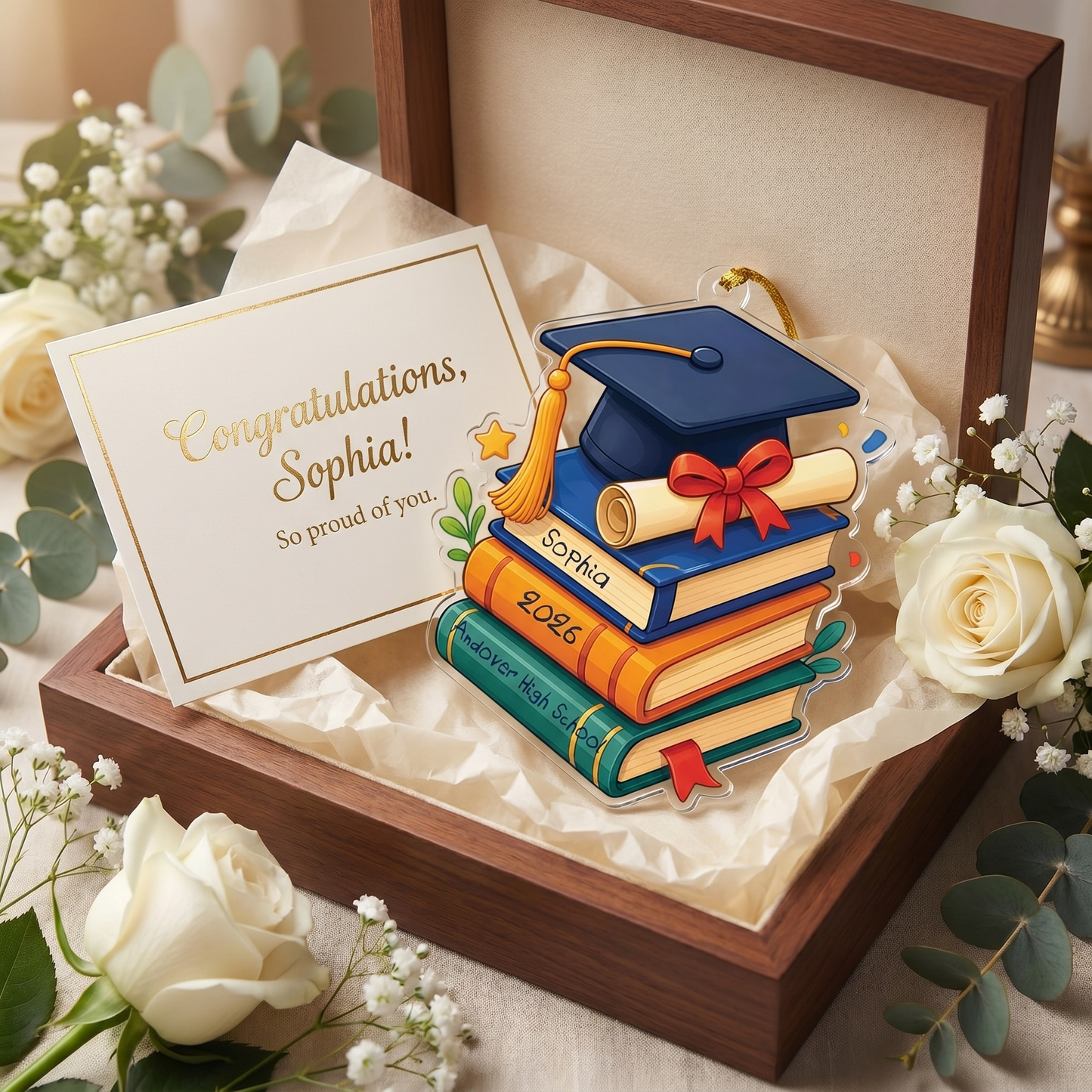 Personalized Graduation Cap and Book Name and Year Acrylic Ornament
