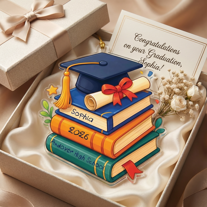Personalized Graduation Cap and Book Name and Year Acrylic Ornament