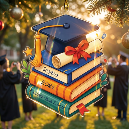 Personalized Graduation Cap and Book Name and Year Acrylic Ornament