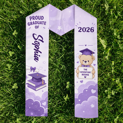 Personalized The Adventure Begins Purple Kid Graduation Stole – Custom Name