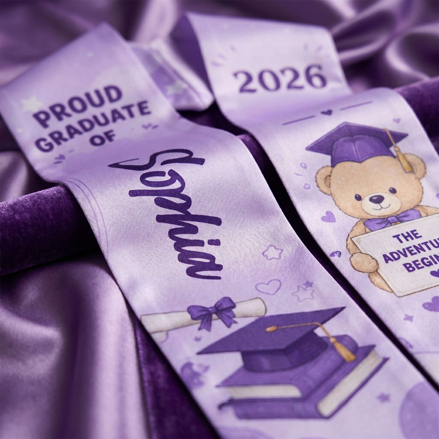 Personalized The Adventure Begins Purple Kid Graduation Stole – Custom Name