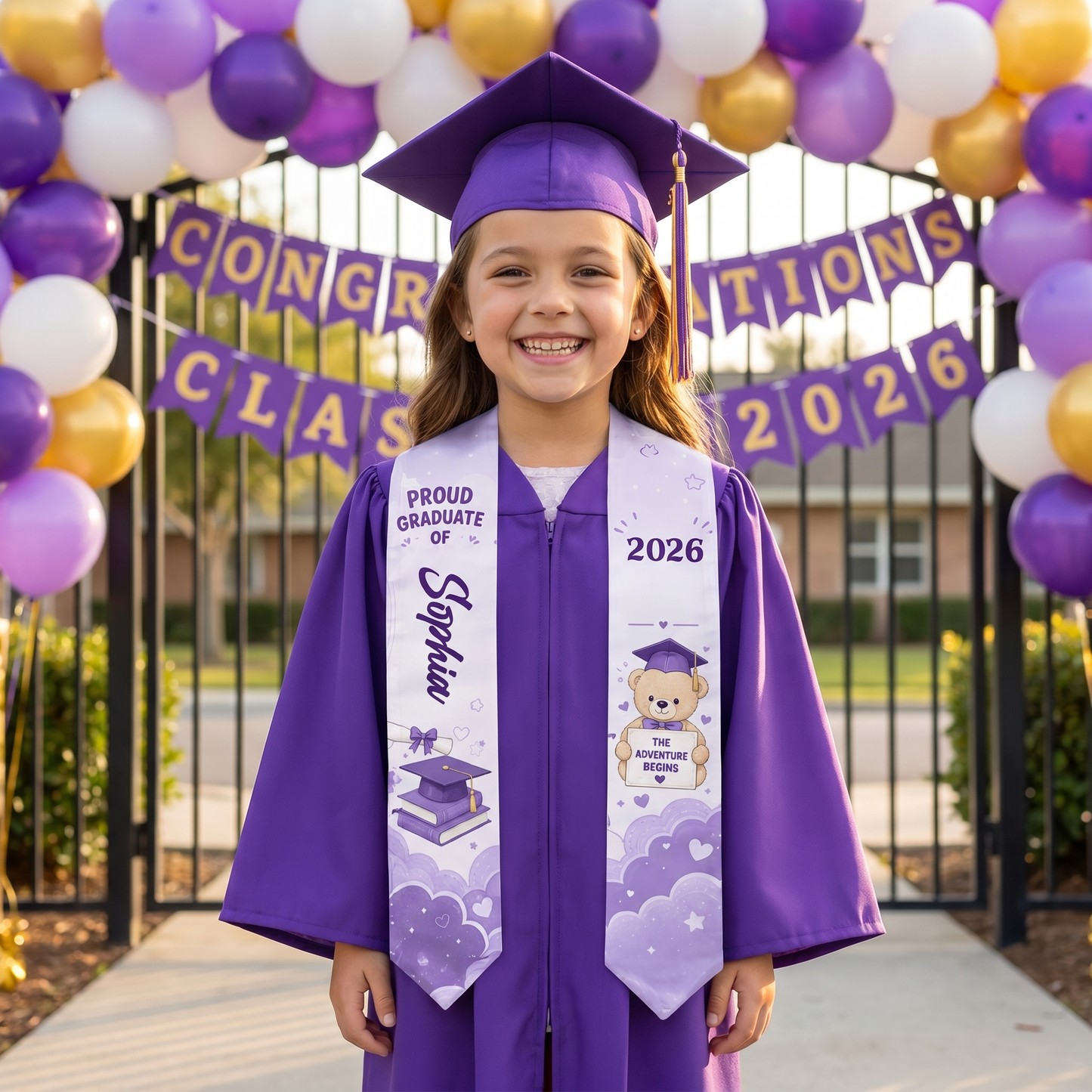 Personalized The Adventure Begins Purple Kid Graduation Stole – Custom Name