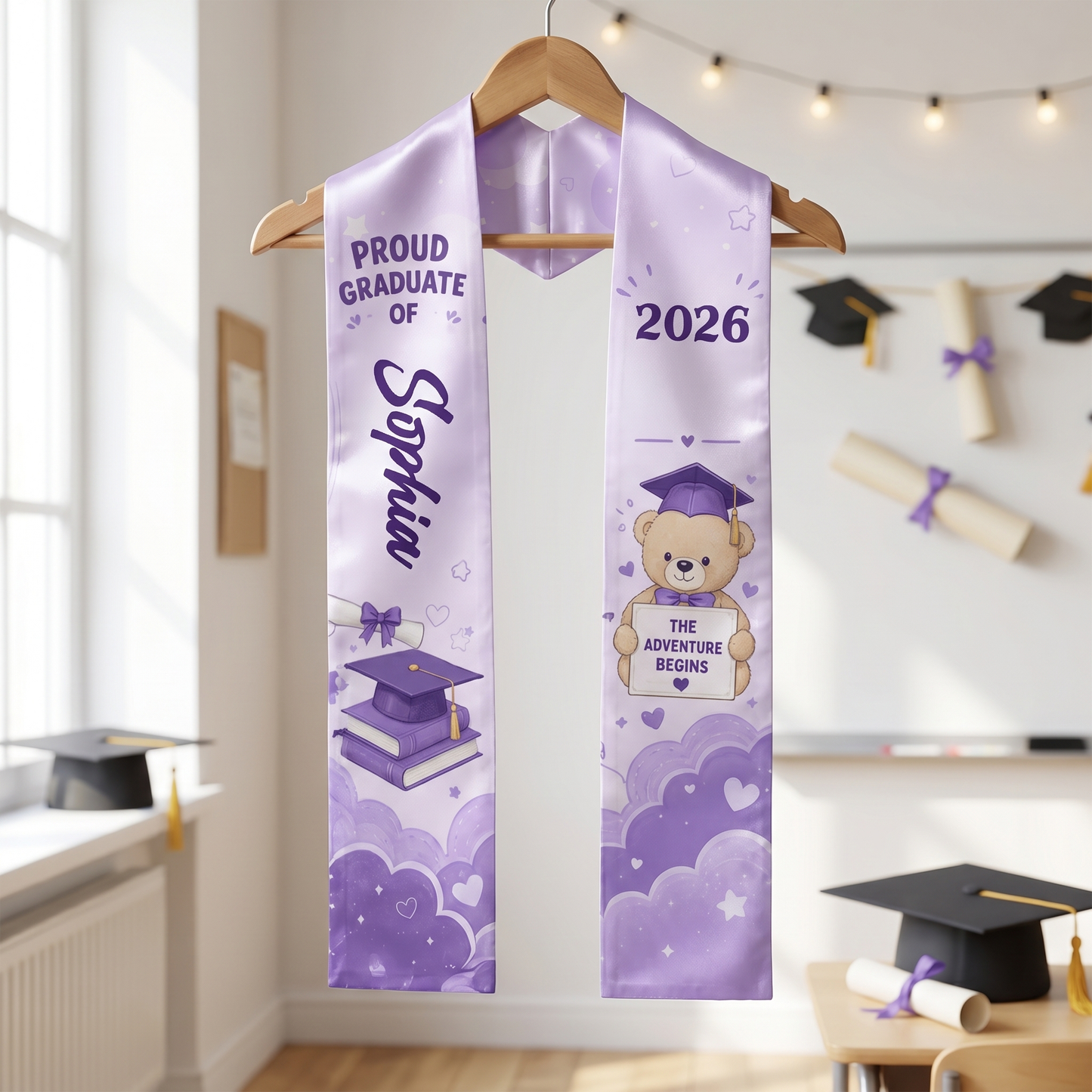Personalized The Adventure Begins Purple Kid Graduation Stole – Custom Name