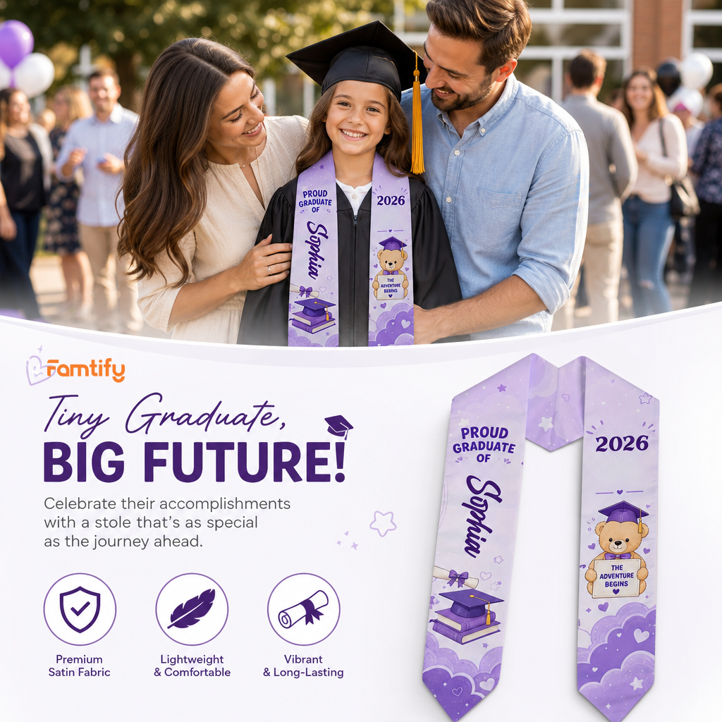 Personalized The Adventure Begins Purple Kid Graduation Stole – Custom Name