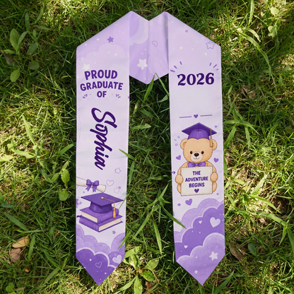 Personalized The Adventure Begins Purple Kid Graduation Stole – Custom Name