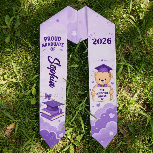 Personalized The Adventure Begins Purple Kid Graduation Stole – Custom Name