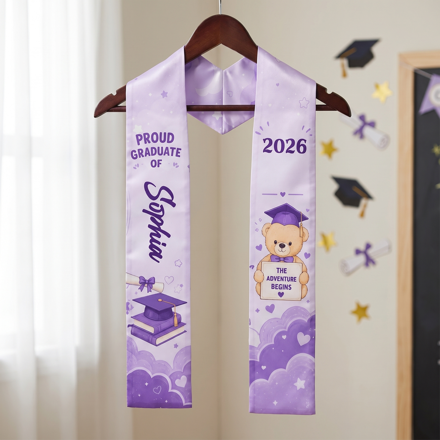 Personalized The Adventure Begins Purple Kid Graduation Stole – Custom Name