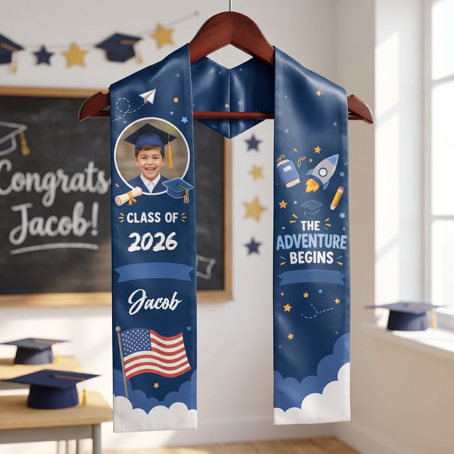 Personalized The Adventure Begins Kid Graduation Stole – Custom Name