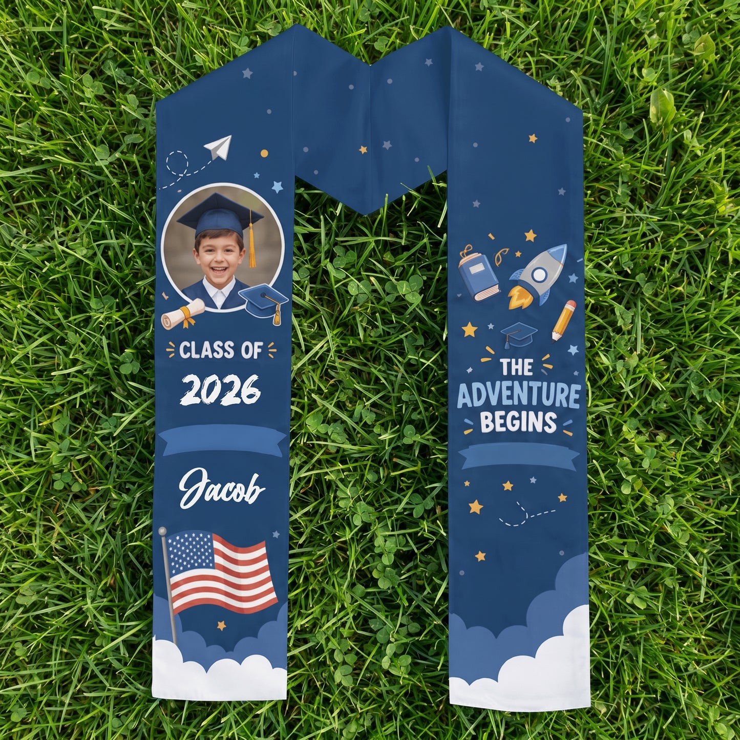 Personalized The Adventure Begins Kid Graduation Stole – Custom Name