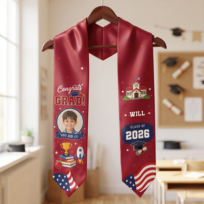Personalized Red Kid Graduation Stole – Custom Photo