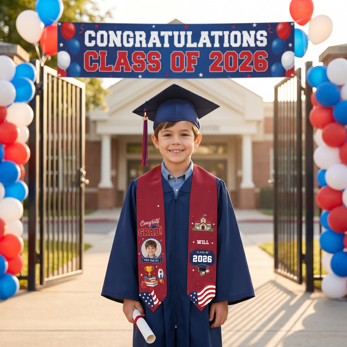 Personalized Red Kid Graduation Stole – Custom Photo