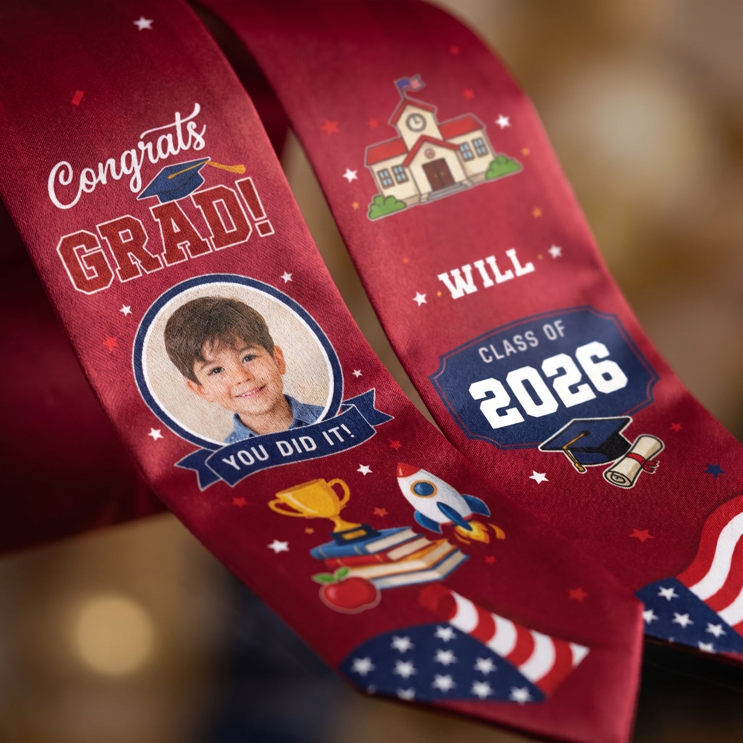 Personalized Red Kid Graduation Stole – Custom Photo